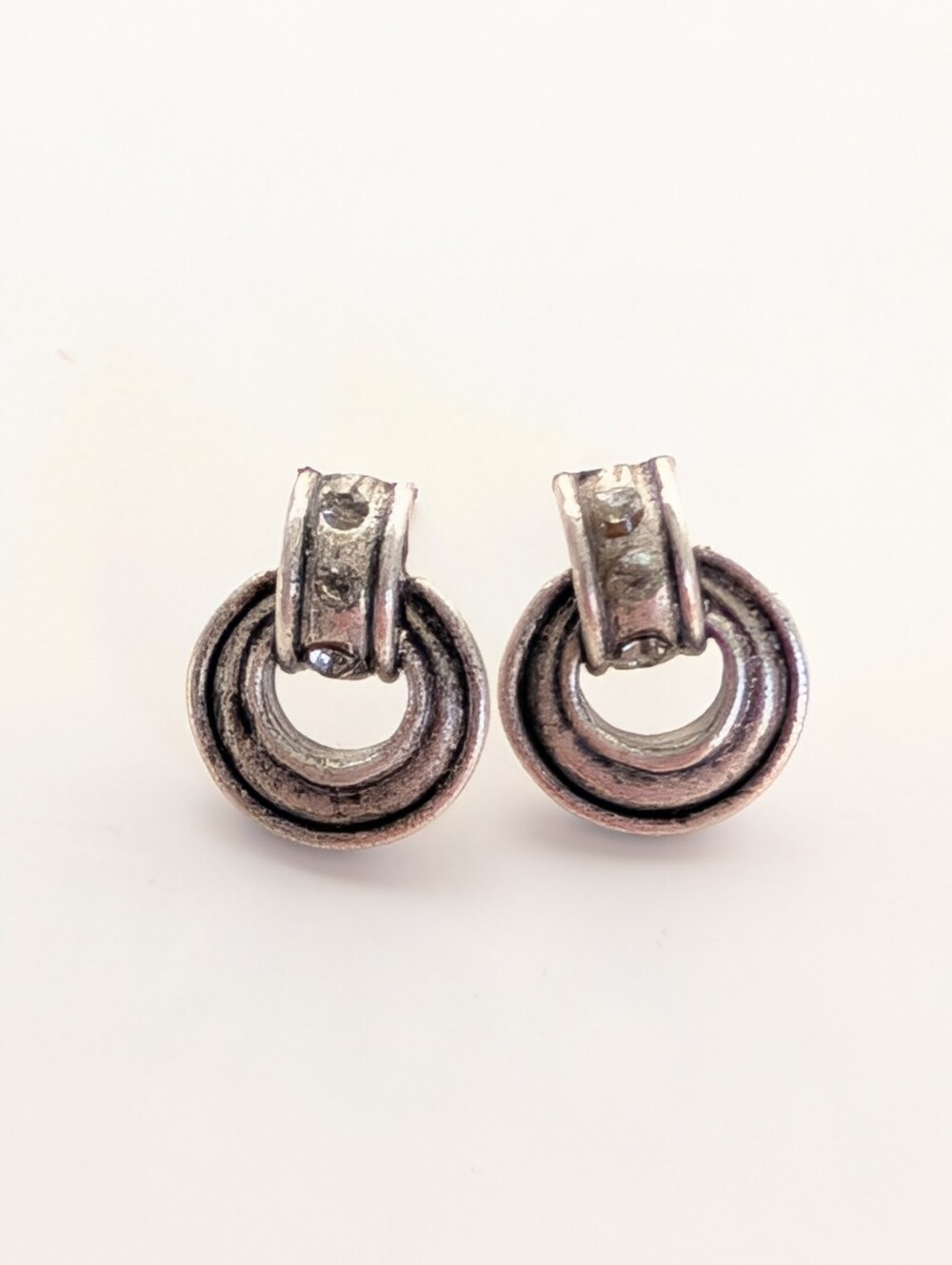 Vintage 90s Silver Tone Geometric Rhinestone Minimalist Glam Post Earrings